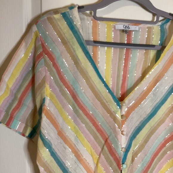 Q & A Women's Cropped Top Blouse Size L Button Down Tie Front Short Sleeve - Picture 2 of 7